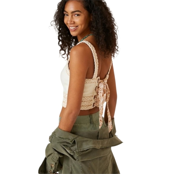 Anthropologie Pilcro Cropped Braided Corset Lace Up Tank Top Cream Large - Picture 2 of 9